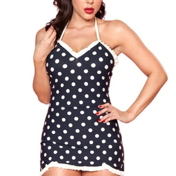 Bettie Page Retro Polka Dot Ruffle Trim One Piece Swim Dress Navy Blue Size 16W - Picture 1 of 16